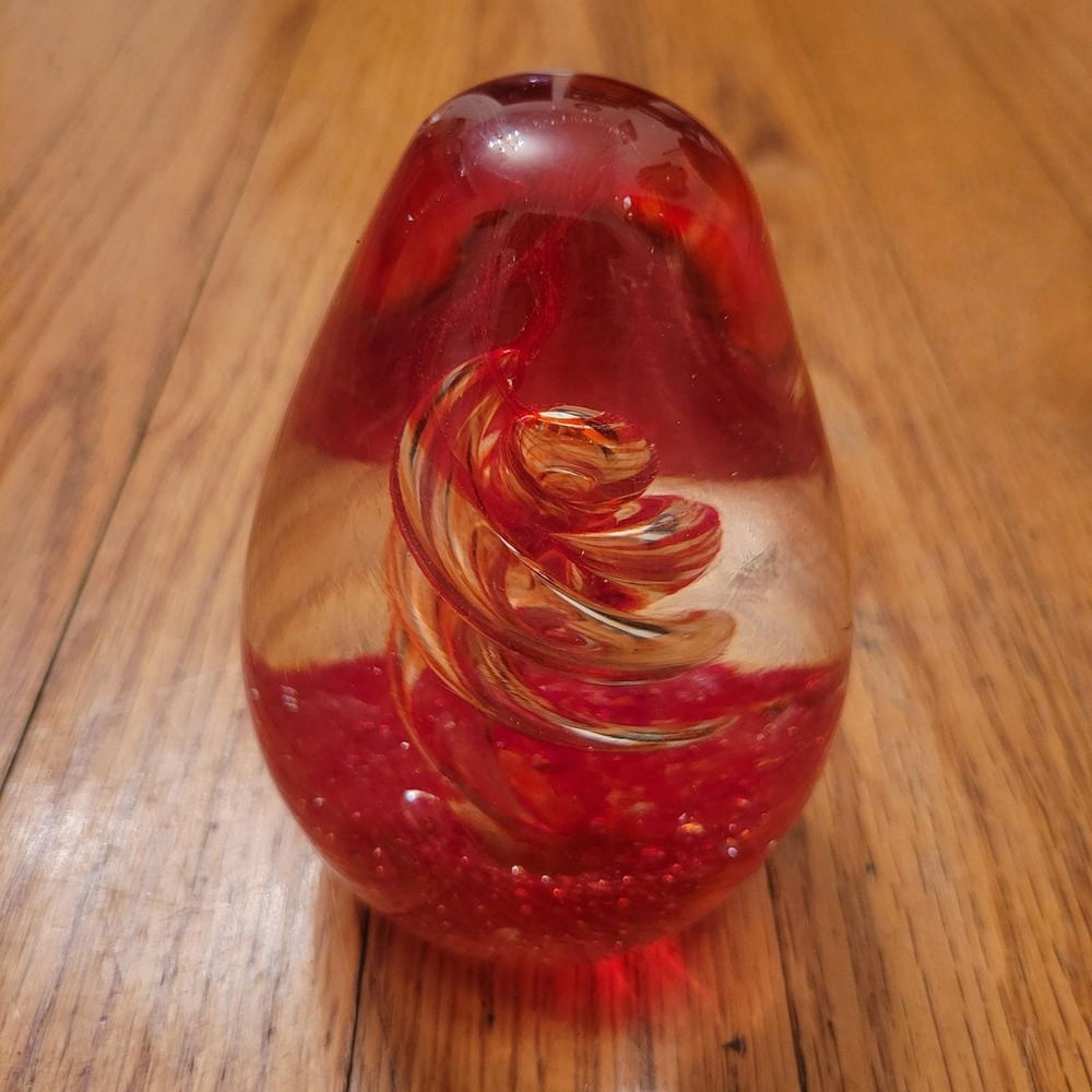 Hand Blown Glass Egg Paperweight Red Swirl Bubbles Art Collectible Home Decor